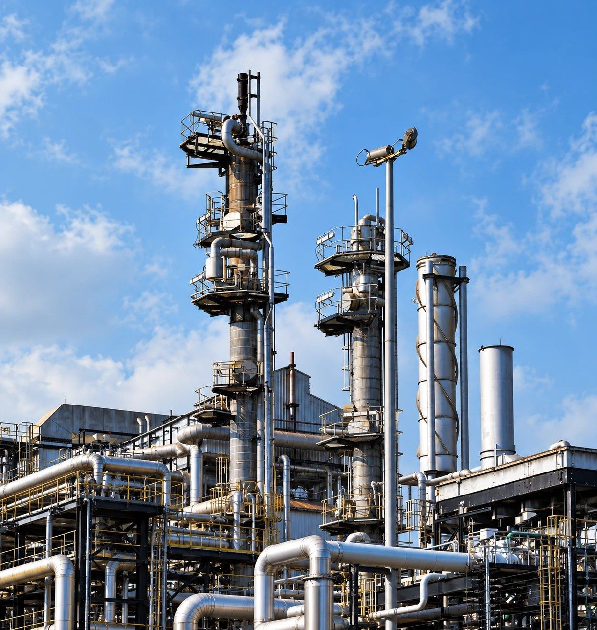 Refinery distillation towers and pipework